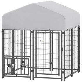 PawHut Welded Wire Outdoor Dog Kennel with 360�� Rotating & 4 Levels Adjustable Bowls, Waterproof Cover, 3.9' x 3.9' x 4