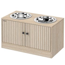 elevatedElevated Dog Bowls with Storage Cabinet, 2 Stainless Steel Bowls, Slow Feeder, Dog Feeding Station for Large Dogs, Oak