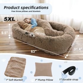 Human Dog Bed, Large Size Fits You and Pets, Washable Faux Fur Dog Bed for People Doze Off, Napping Orthopedic Dog Bed, Present Plump Pillow, Blanket (Color: Khaki, size: 5XL(63"L ������31.4"W ������9.5"Th))